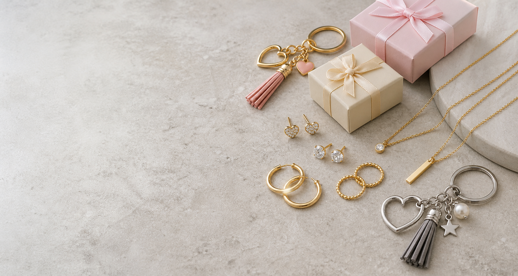 Flat-lay of affordable jewelry and keychains on a light stone surface
